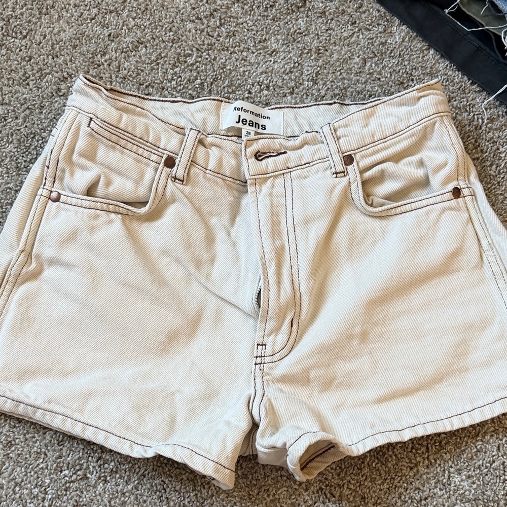 Reformation Cowboy Cream High-Rise Denim Shorts